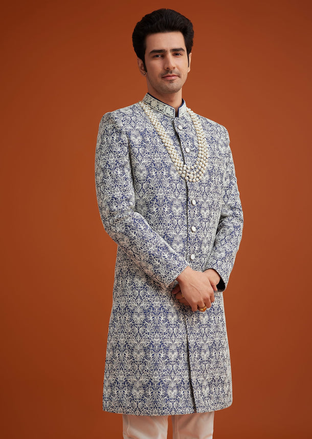 Blue Monga Silk Sherwani Set With Embroidery And Bead Work