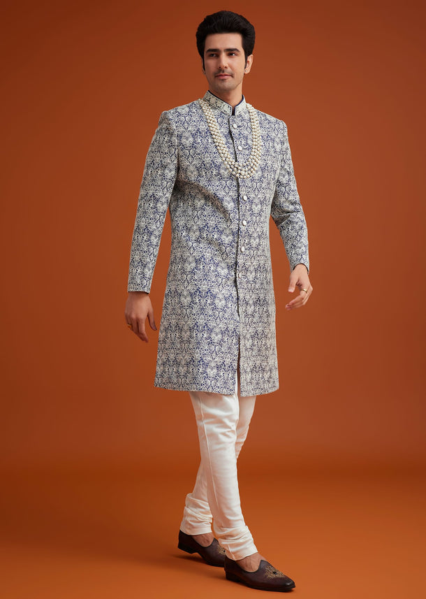 Blue Monga Silk Sherwani Set With Embroidery And Bead Work