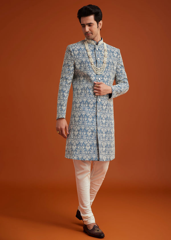 Blue Monga Silk Sherwani With Embroidery And Beadwork