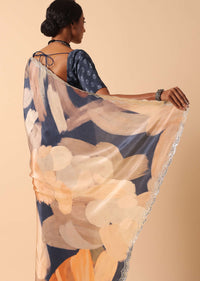 Blue Muslin Abstract Printed Saree With Unstitched Blouse Fabric