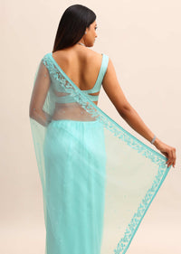 Blue Net Cutdana Saree With Beads Embroidered Border And Unstitched Blouse