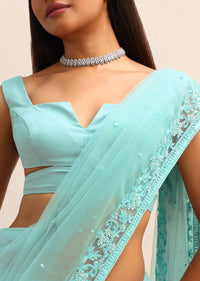 Blue Net Cutdana Saree With Beads Embroidered Border And Unstitched Blouse