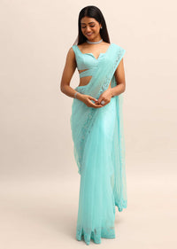 Blue Net Cutdana Saree With Beads Embroidered Border And Unstitched Blouse