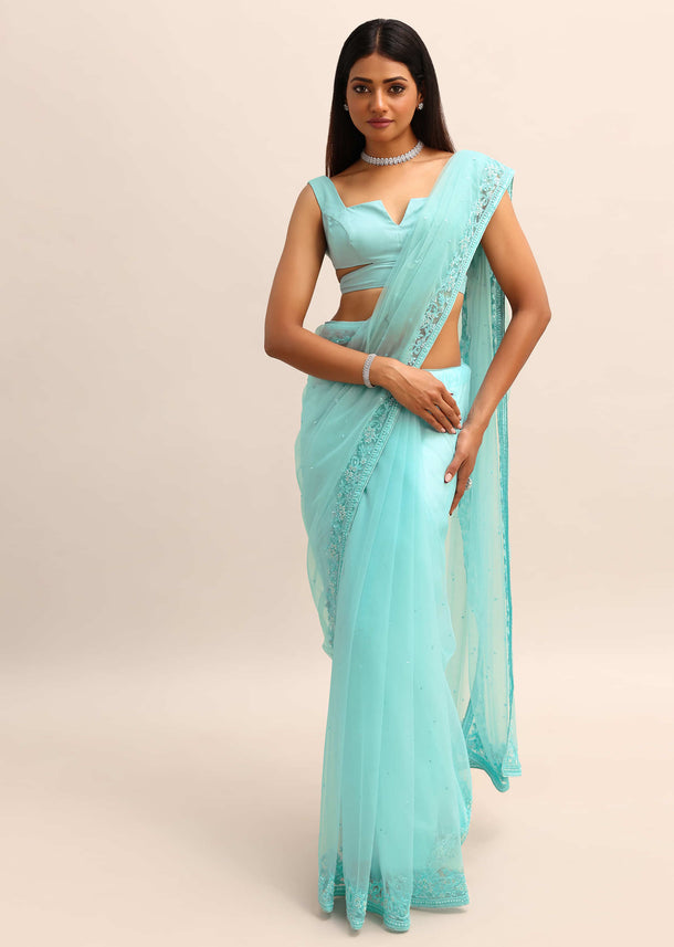 Blue Net Cutdana Saree With Beads Embroidered Border And Unstitched Blouse