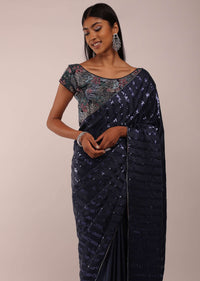 Blue Night Satin Saree In Multi Color Beads Embellishment With Sequins In Thin Striped On The Pallu Border