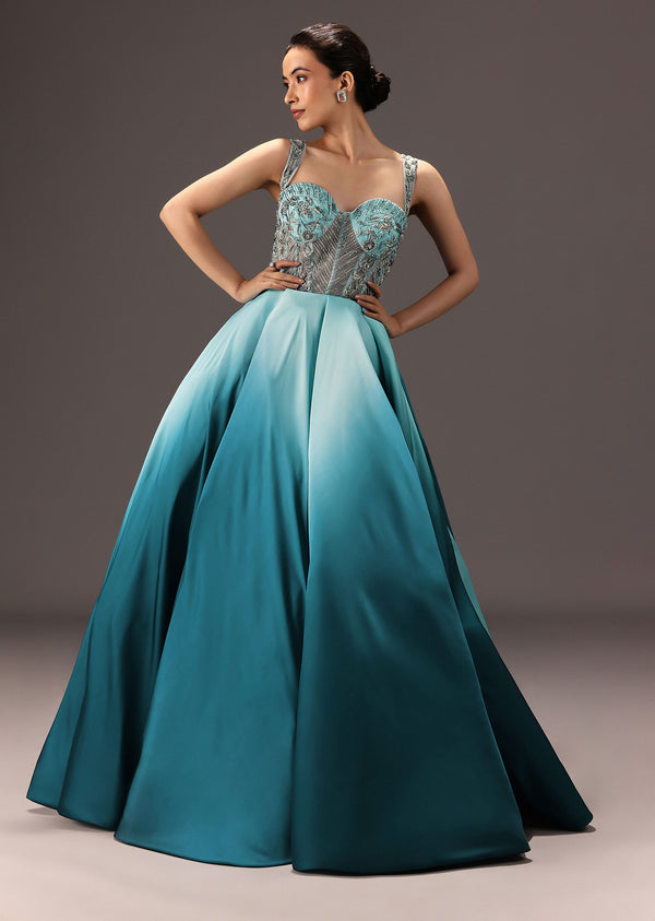 Blue Ombré Flared Gown With Tone On Tone Embroidery
