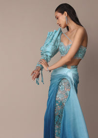 Blue Ombre Asymmetric Slit Trail Skirt And Balloon Sleeve Blouse