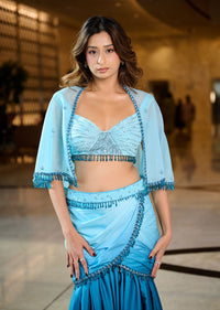 Blue Ombre Draped Skirt With Blouse And Tassel Lace Cape