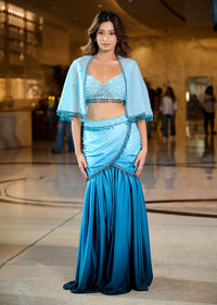 Blue Ombre Draped Skirt With Blouse And Tassel Lace Cape