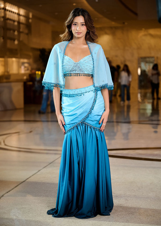 Blue Ombre Draped Skirt With Blouse And Tassel Lace Cape
