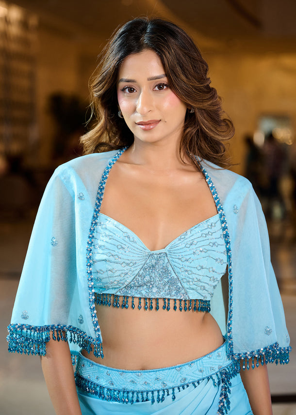 Blue Ombre Draped Skirt With Blouse And Tassel Lace Cape