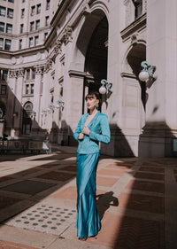 Blue Ombre Draped Skirt WIth Embroidered Jacket