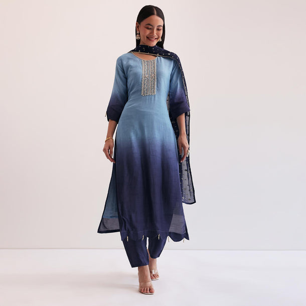 Blue Ombre Embroidered Kurta Set