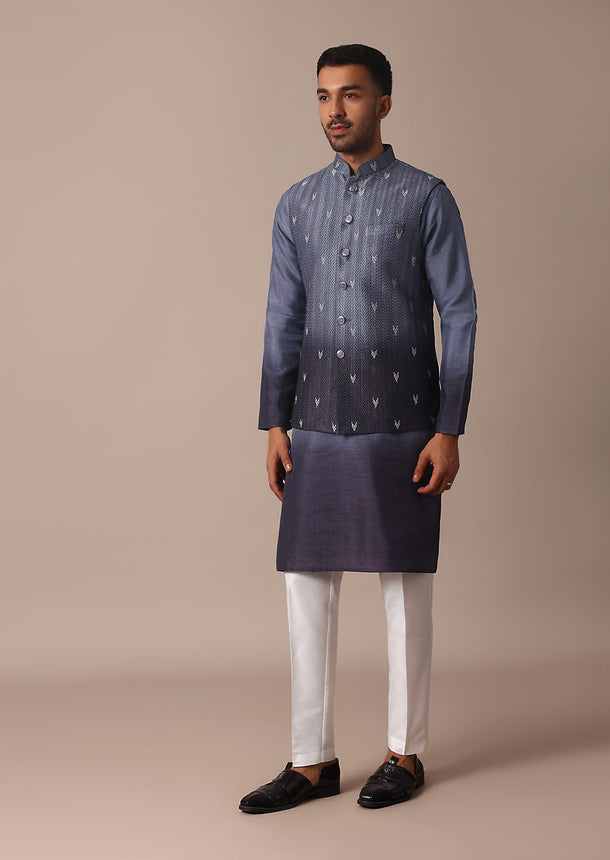 Blue Ombre Embroidered Silk Jacket Kurta Set