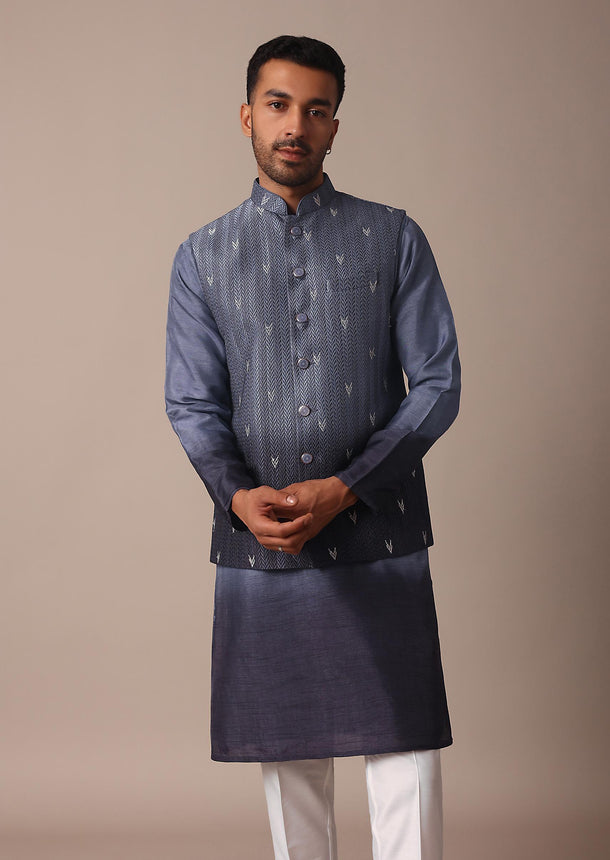 Blue Ombre Embroidered Silk Jacket Kurta Set