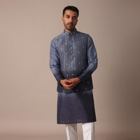 Blue Ombre Embroidered Silk Jacket Kurta Set