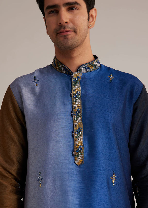 Blue Ombre Silk Kurta Set With Mirror Embellishments