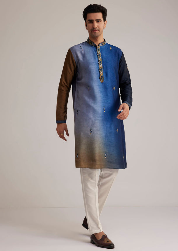 Blue Ombre Silk Kurta Set With Mirror Embellishments