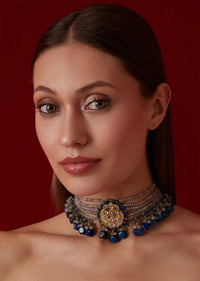 Blue Onyx Kundan Choker In Gold Plated Silver Alloy