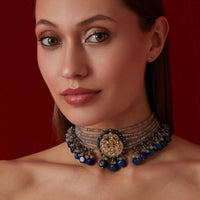 Blue Onyx Kundan Choker In Gold Plated Silver Alloy