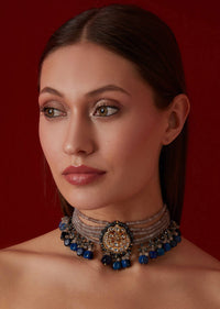 Blue Onyx Kundan Choker In Gold Plated Silver Alloy