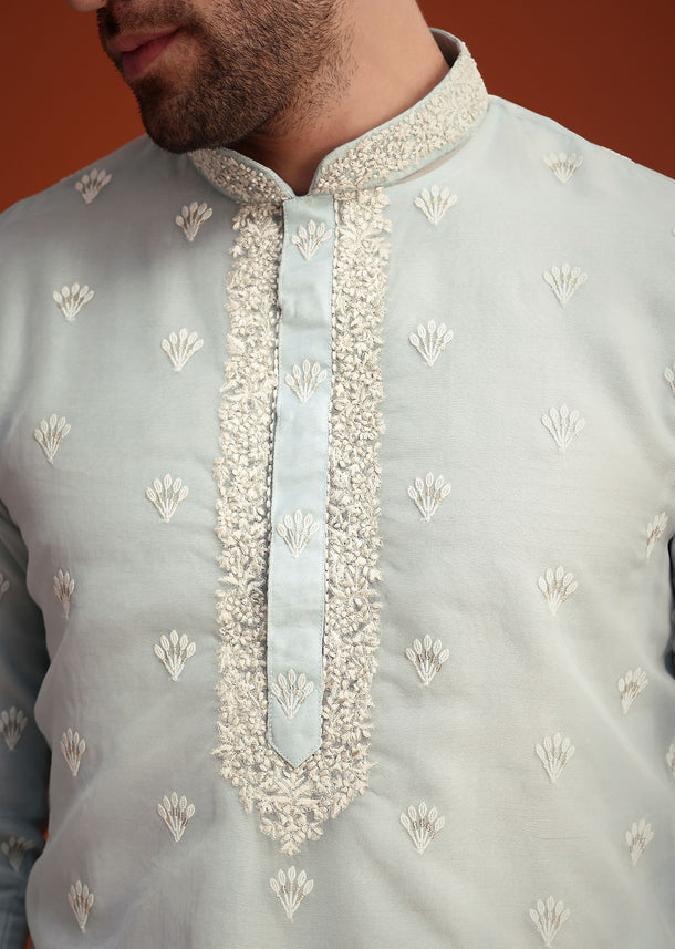 Blue Organza Aligarhi Kurta With Zari Embroidery