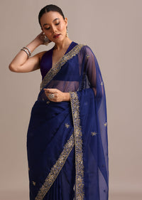 Blue Organza Cutdana Embroidered Saree With Unstitched Blouse