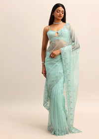 Blue Organza Cutdana Saree And Sequins Border Pallu With Unstitched Blouse