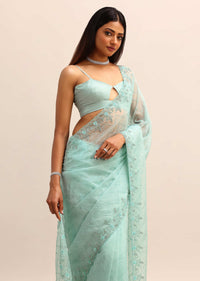 Blue Organza Cutdana Saree And Sequins Border Pallu With Unstitched Blouse