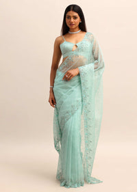 Blue Organza Cutdana Saree And Sequins Border Pallu With Unstitched Blouse