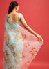Blue Organza Floral Printed Saree With Sequin Scallop Border And Unstitched Blouse