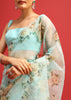 Blue Organza Floral Printed Saree With Sequin Scallop Border And Unstitched Blouse