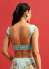 Blue Organza Floral Printed Saree With Sequin Scallop Border And Unstitched Blouse