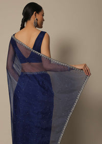 Blue Organza Saree With Stone Work And Unstitched Blouse Piece