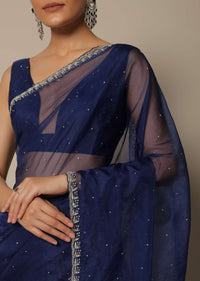 Blue Organza Saree With Stone Work And Unstitched Blouse Piece