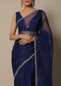 Blue Organza Saree With Stone Work And Unstitched Blouse Piece