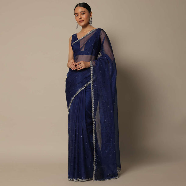 Blue Organza Saree With Stone Work And Unstitched Blouse Piece