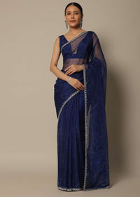 Blue Organza Saree With Stone Work And Unstitched Blouse Piece