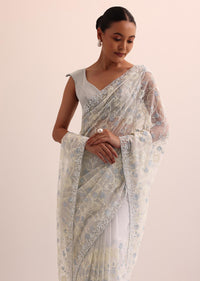 Blue Organza Silk Saree With Thread Work And Unstitched Blouse