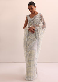 Blue Organza Silk Saree With Thread Work And Unstitched Blouse