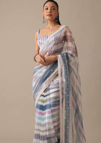 Blue Organza Striped Saree With Mirror Work And Unstitched Blouse Piece