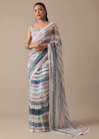 Blue Organza Striped Saree With Mirror Work And Unstitched Blouse Piece