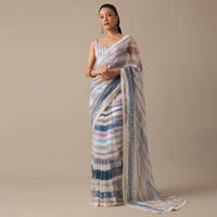 Blue Organza Striped Saree With Mirror Work And Unstitched Blouse Piece