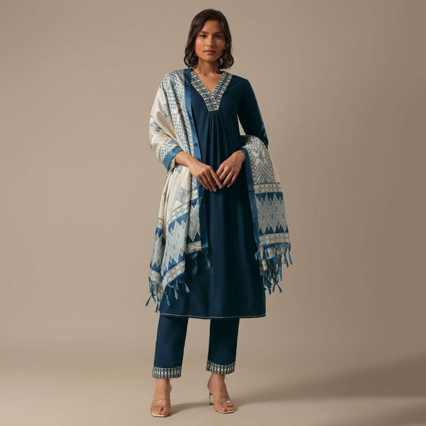 Blue Pant Set With Foil Mirror Kurta