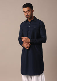 Blue Pathani Kurta Set With Pintuck Detailing