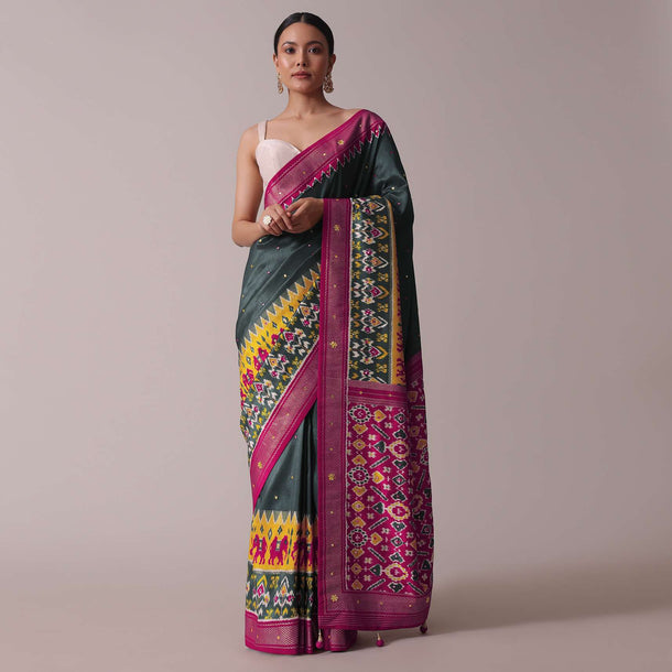 Grey Patola Printed Embroidered Festive Saree In Dola Silk