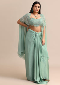 Blue Pleated Drape Skirt And Embellished Cape With Tassels