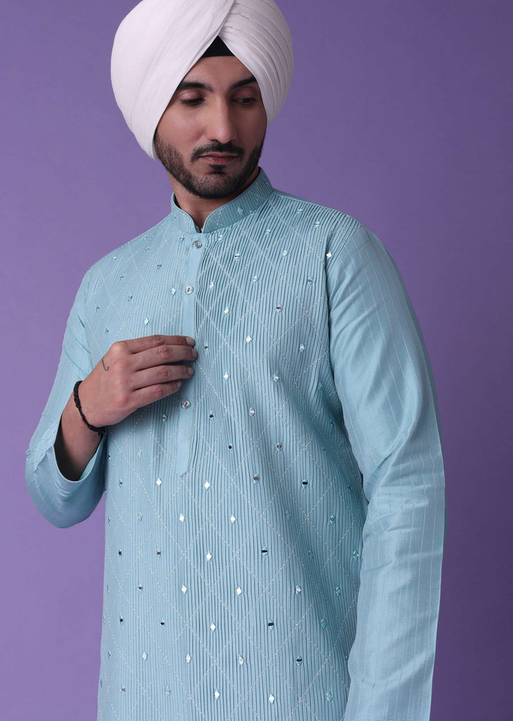 Blue Pleated Kurta Set in Cotton Silk With Mirror Work