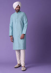 Blue Pleated Kurta Set in Cotton Silk With Mirror Work