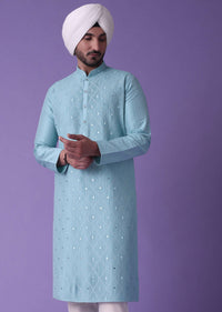 Blue Pleated Kurta Set in Cotton Silk With Mirror Work